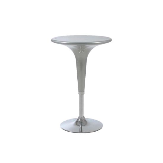 Adjustable-height Silver scoop-top contemporary cocktail table with minimalist base, perfect for modern event lounge décor