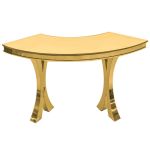 stainless steel serpentine high boy cocktail table with mirrored finish and curving wave-form top for luxury event rental