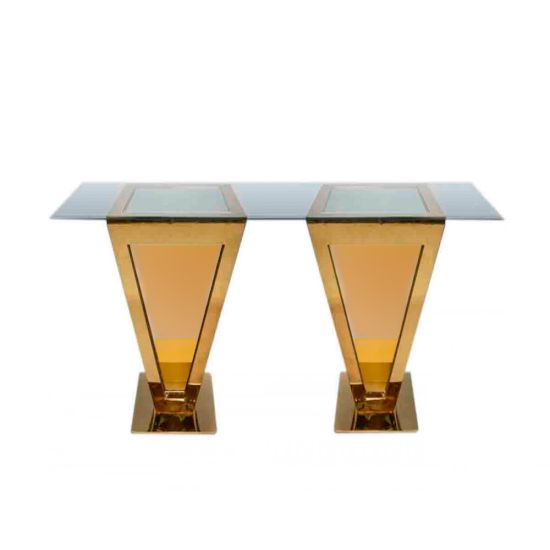 24 × 96-inch clear glass-top high-boy cocktail table with inverted-pyramid gold-metal base from Reflection collection for luxury event rental
