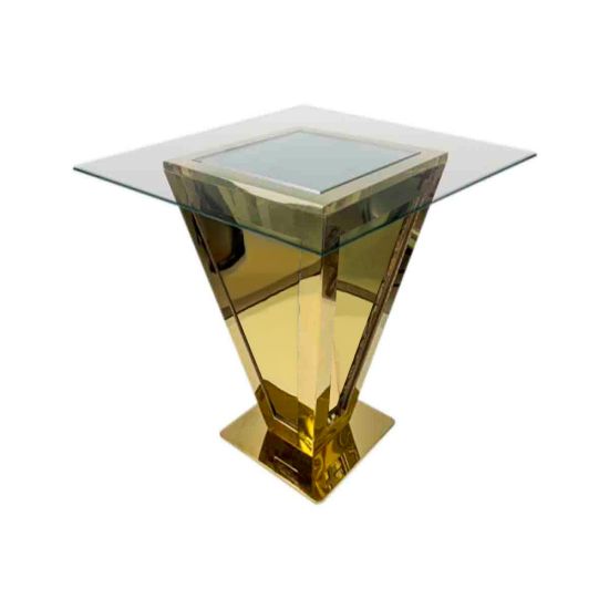 48 × 48 inch glass top high boy cocktail table with mirrored gold inverted pyramid stainless steel base for luxury event rental