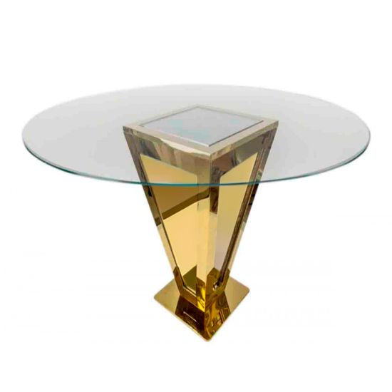 72 inch round glass-top high boy cocktail table with inverted-pyramid gold metal base from Reflection collection for upscale event rental