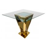 72 × 72 inch clear glass-top high-boy cocktail table with inverted pyramid gold-metal base from Reflection collection for luxury event rental
