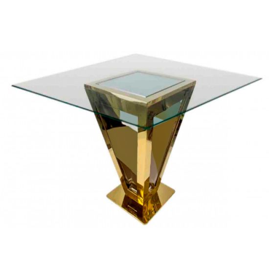 72 × 72 inch clear glass-top high-boy cocktail table with inverted pyramid gold-metal base from Reflection collection for luxury event rental
