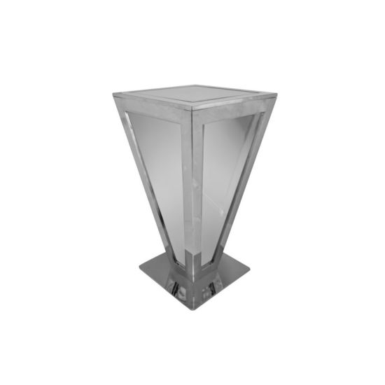 24×24-inch glass-top high-boy cocktail table with inverted pyramid silver stainless-steel base from Reflection collection