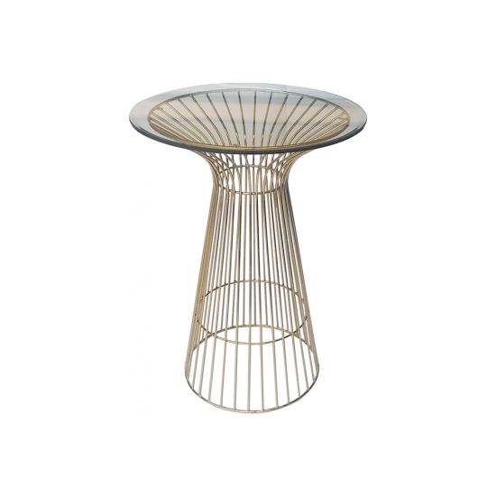 gold wire frame highboy cocktail table with round top and slender rod pedestal base ideal for upscale event rental