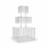 Three-tier square crystal display base with clear bead strands, elegant riser for dessert tables, cakes, and event décor.