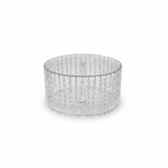 Round clear acrylic base with hanging crystal strands, 21-inch display riser for cakes, desserts, and wedding table décor.