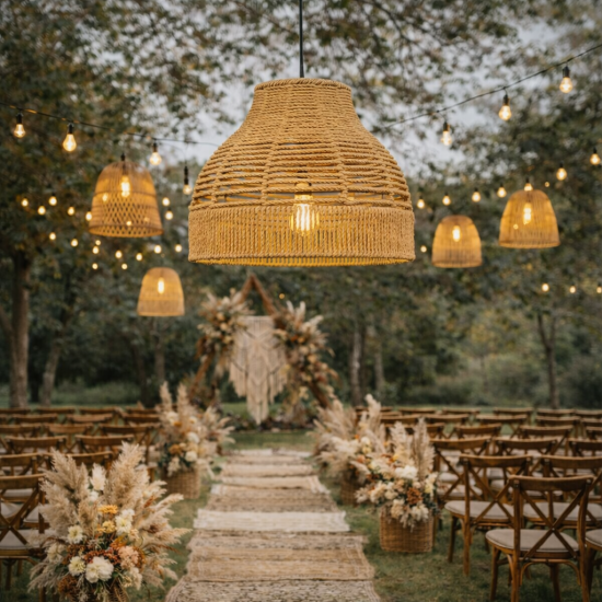 Jute corn husk pendant lamp shade with rounded woven texture, rustic boho lighting décor for weddings, tents, and event styling.