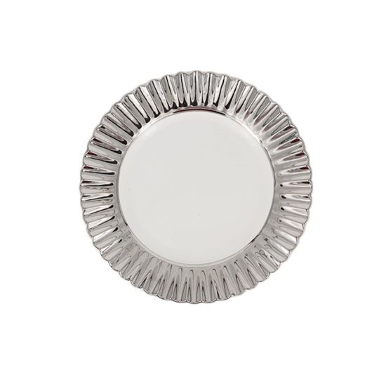 Daphne silver salad plate with white center and textured ridged metallic rim, round classic design on a white background for weddings and events