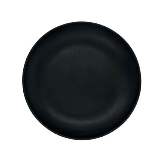 Matte black melamine dinner plate with simple round profile and soft rim, solid black modern plate on a white background