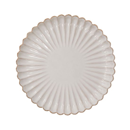 Bone-colored petal-rim dinner plate with deep radiating ridges and a smooth center, large round plate on a white background