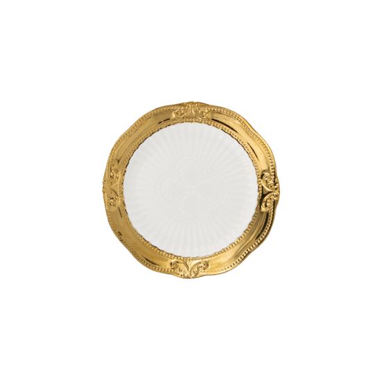 White dessert plate with an ornate gold renaissance-style rim and decorative corner flourishes, small round plate on a white background