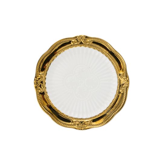 White salad plate with an ornate gold renaissance-style rim and sculpted decorative accents around the edge, medium round plate on a white background