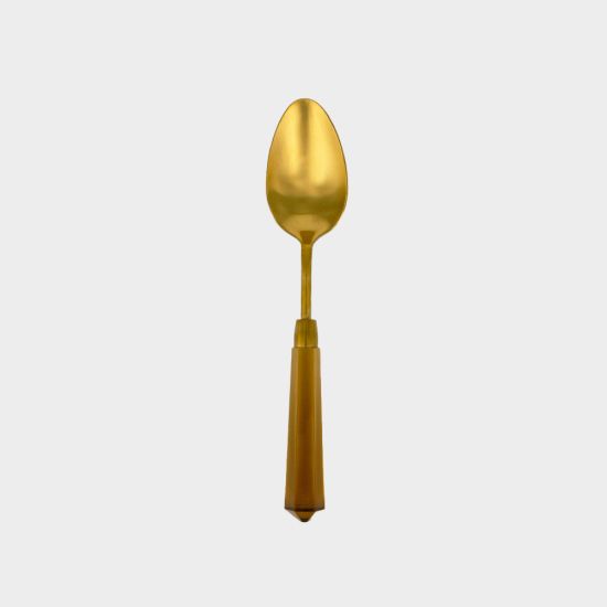 Acrylic dessert spoon with amber handle and matte gold head, set of 10