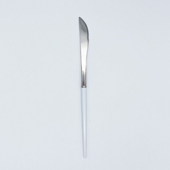 Silver dinner knife with white handle, polished flatware for formal dinners, wedding receptions, and luxury table décor.