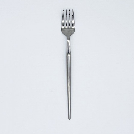 Sleek silver salad fork with modern straight handle, stylish flatware for appetizer courses, receptions, and formal table settings.