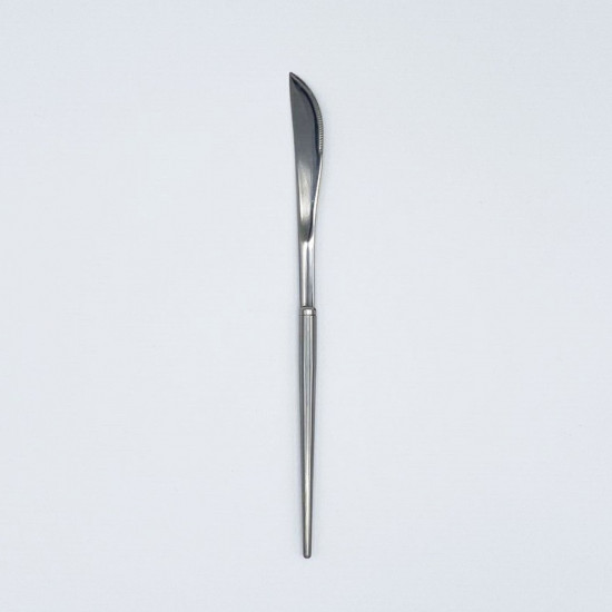 Sleek silver dinner knife with modern straight handle, polished flatware for formal dinners, receptions, and luxury table décor.