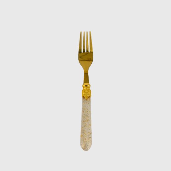 Gold dinner fork with clear glitter handle, stylish disposable flatware ideal for receptions, catering, birthdays, and formal events.
