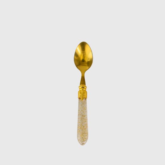 Gold dessert spoon with clear glitter handle, elegant disposable flatware for weddings, parties, and upscale event table settings.
