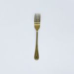 Gold dessert fork with modern rounded handle, elegant disposable flatware for cakes, dessert bars, and wedding receptions.