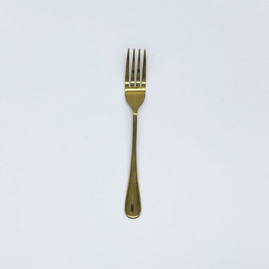 Gold dessert fork with modern rounded handle, elegant disposable flatware for cakes, dessert bars, and wedding receptions.