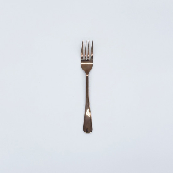 Rose gold dessert fork with modern rounded handle, chic disposable flatware set of 10 for cakes, dessert bars, and wedding receptions.