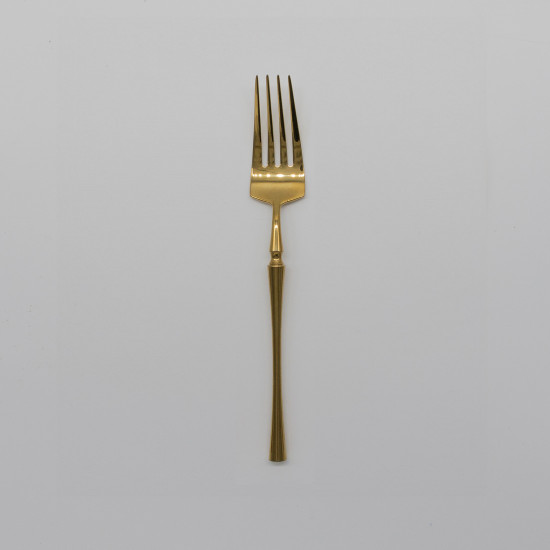 Shiny gold dinner fork with classic slim handle, premium disposable flatware set of 10 for banquets, weddings, and place settings.