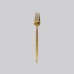 Gold dinner fork with slim modern handle, premium disposable flatware set of 10 for banquets, weddings, and formal place settings.