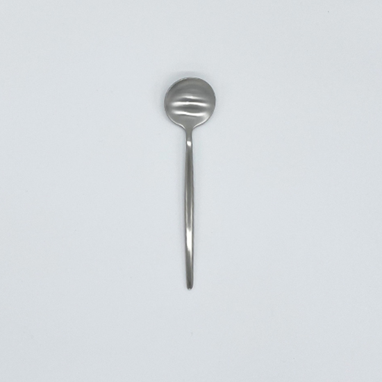 Matte silver dessert spoon with slim modern handle, stylish disposable flatware set of 10 for desserts, showers, and celebrations.