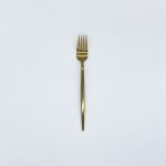 Matte gold dessert fork with slim modern handle, chic disposable flatware set of 10 for cakes, dessert bars, and reception tables.