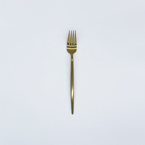 Matte gold dessert fork with slim modern handle, chic disposable flatware set of 10 for cakes, dessert bars, and reception tables.