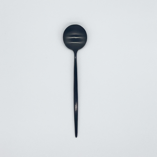 Matte black dinner spoon with slim modern handle, stylish disposable flatware set of 10 for catered events, weddings, and elegant table décor.