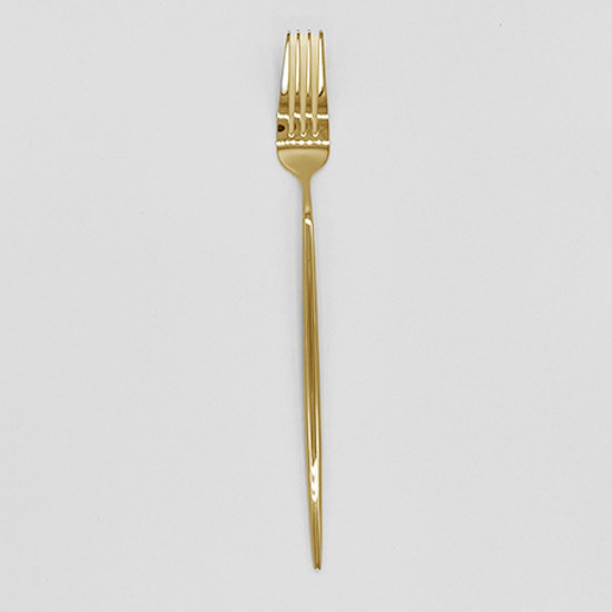 Shiny gold dinner fork with slim modern handle, premium disposable flatware set of 10 for banquets, weddings, and formal place settings.