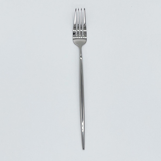 Shiny silver dinner fork with slim modern handle, premium disposable flatware set of 10 for banquets, weddings, and formal place settings.