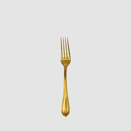 Gold Victorian-style dinner fork with ornate handle, premium disposable flatware for banquets, weddings, and formal place settings.