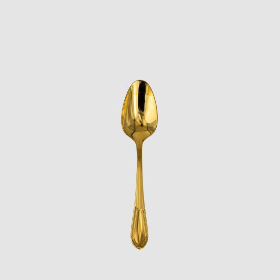Gold Victorian-style dessert spoon with ornate handle, elegant disposable flatware for desserts, showers, and upscale event tablescapes.