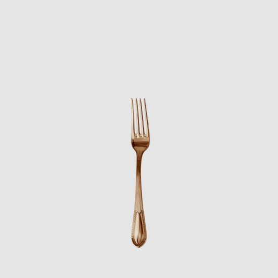 Rose gold Victorian-style dessert fork with ornate handle, chic disposable flatware for cakes, dessert bars, and formal reception tables.