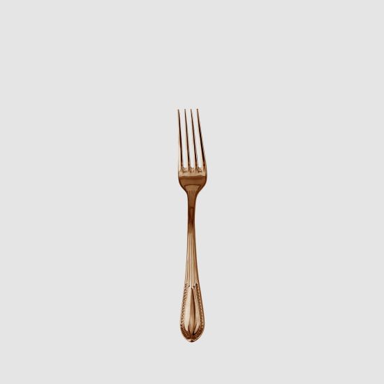 Rose gold Victorian-style dinner fork with ornate handle, premium disposable flatware for banquets, weddings, and formal place settings.