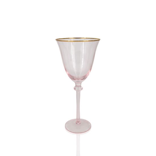 Baby pink wine glass with thin gold rim and clear bowl, elegant stemware for weddings, receptions, and upscale event dining