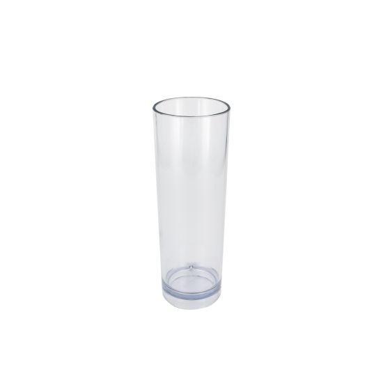 Clear acrylic mojito glass, 12 oz, tall reusable plastic drinkware for cocktails, outdoor events, pool parties, and bar service rentals.