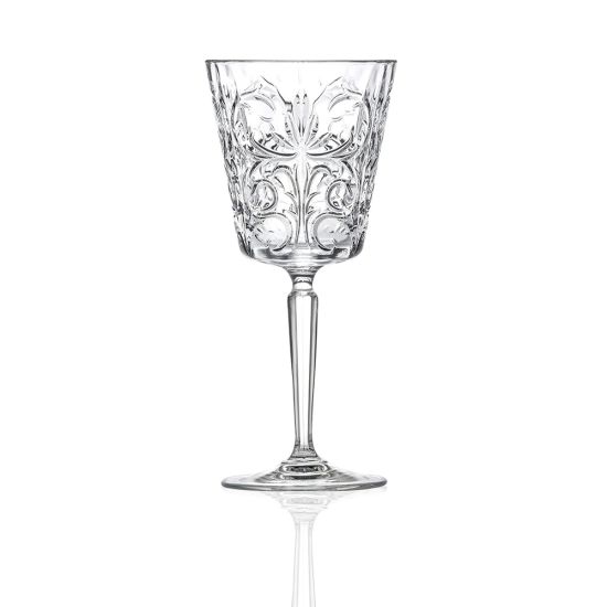 Clear Barski red wine glass with etched floral pattern and stem, elegant event glassware for weddings and dinners, rack of 25.