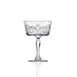 Clear Barski coupe-style cup with etched floral pattern and short stem, elegant glassware for cocktails and events, rack of 16.
