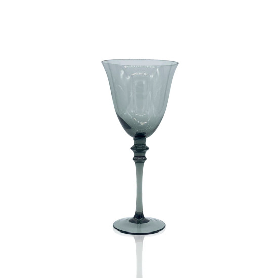 Black-tinted wine glass with smoky bowl and dark stem, elegant event glassware for weddings, parties, and bar service, rack of 25.
