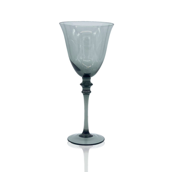 Black-tinted water goblet with smoky bowl and dark stem, stylish glassware for receptions and dinner tables, rack of 16.