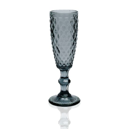 Capri black champagne flute with textured diamond pattern and short stem, elegant event glassware for weddings and toasts, rack of 36.