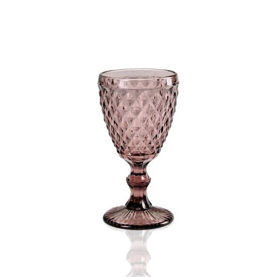Capri plum wine glass with textured diamond pattern and short stem, elegant event glassware for weddings and bar service, rack of 25.