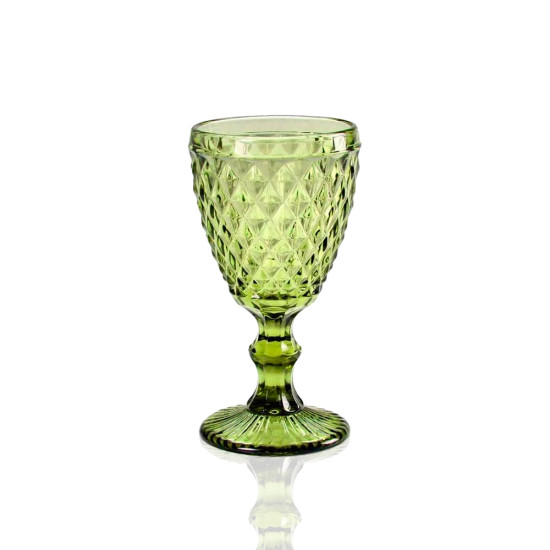 Capri olive green water glass with textured diamond pattern and short stem, stylish glassware for receptions and dinner tables, rack of 25.