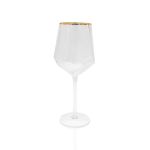 Clear geometric wine goblet with gold rim and stem, elegant event glassware for weddings, dinners, and bar service, rack of 16.