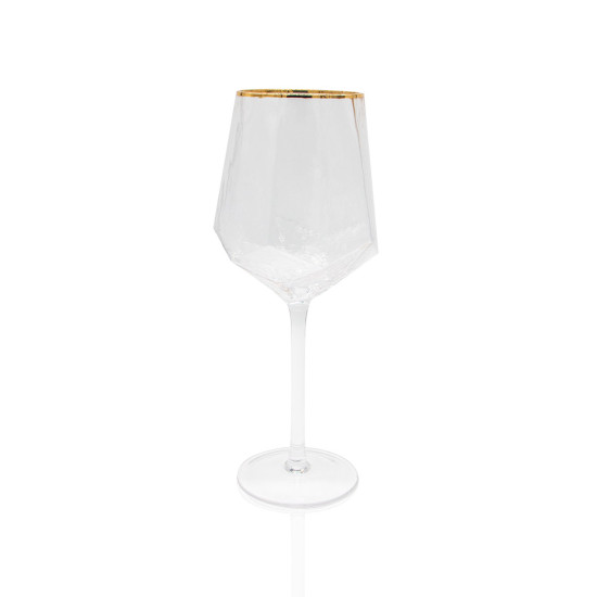 Clear geometric wine goblet with gold rim and stem, elegant event glassware for weddings, dinners, and bar service, rack of 16.