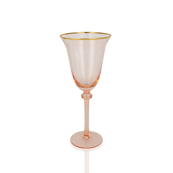 Glitz blush wine glass with gold rim and flared bowl, elegant pink event glassware for weddings, parties, and bar service, rack of 16.